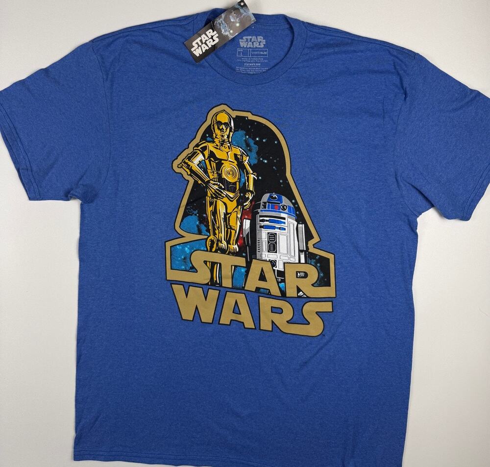 Star Wars C-3PO R2-D2 Graphic T-Shirt Men's Large Blue Disney Lucasfilm NWT